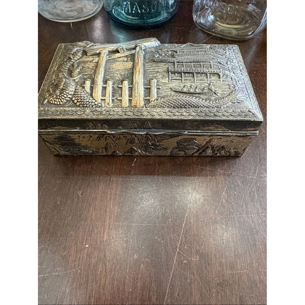 Ornate Embossed Metal Trinket Box in Aged Silver Tone